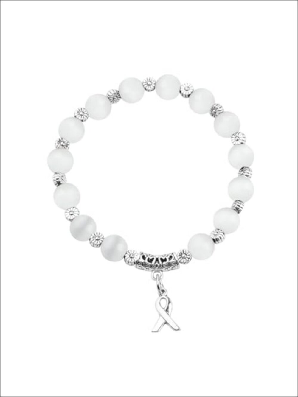 Lung Cancer Awareness Bracelet White Beads Ribbon